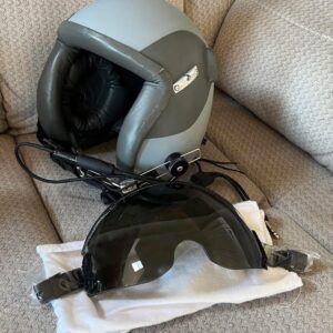 HGU-55 flight helmet size medium with custom-fit liner, integrated earphones, oxygen mask receivers, and leather padding — lightweight 31 oz pilot helmet.